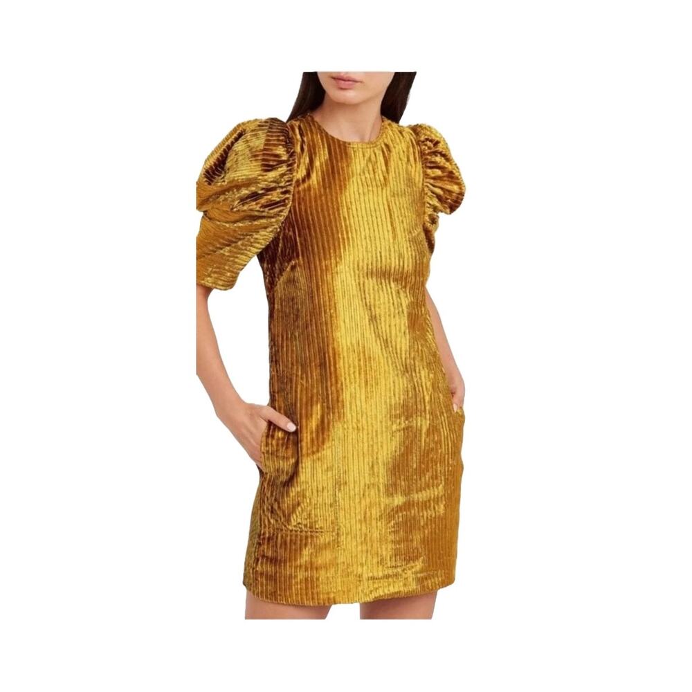 Ulla Johnson Callahan Gold Velvet Ruffle Sleeve Shift Mini Dress Size 2